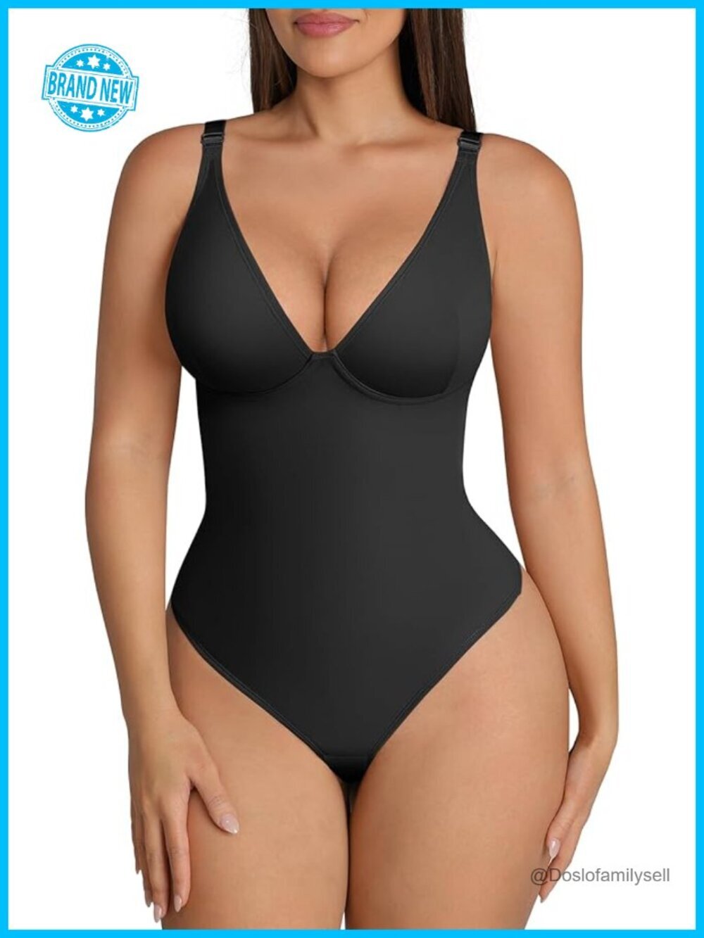Shapewear Bodysuit Tummy Control Thong Body Shaper Deep V Neck Double-Lined
